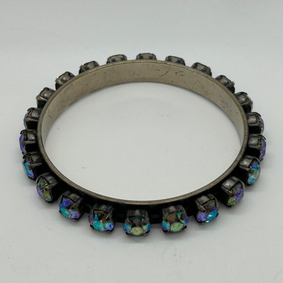 Set of Vintage Aurora Borealis Rhinestone Bangle Set of 2 Black Finish 7.5 inch - Picture 4 of 16